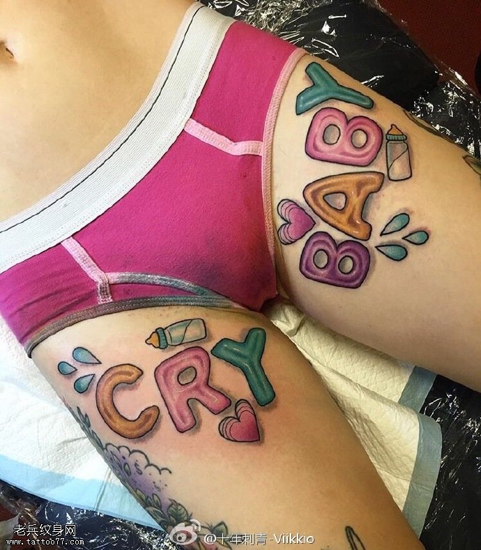 大腿的糖果字符纹身图案