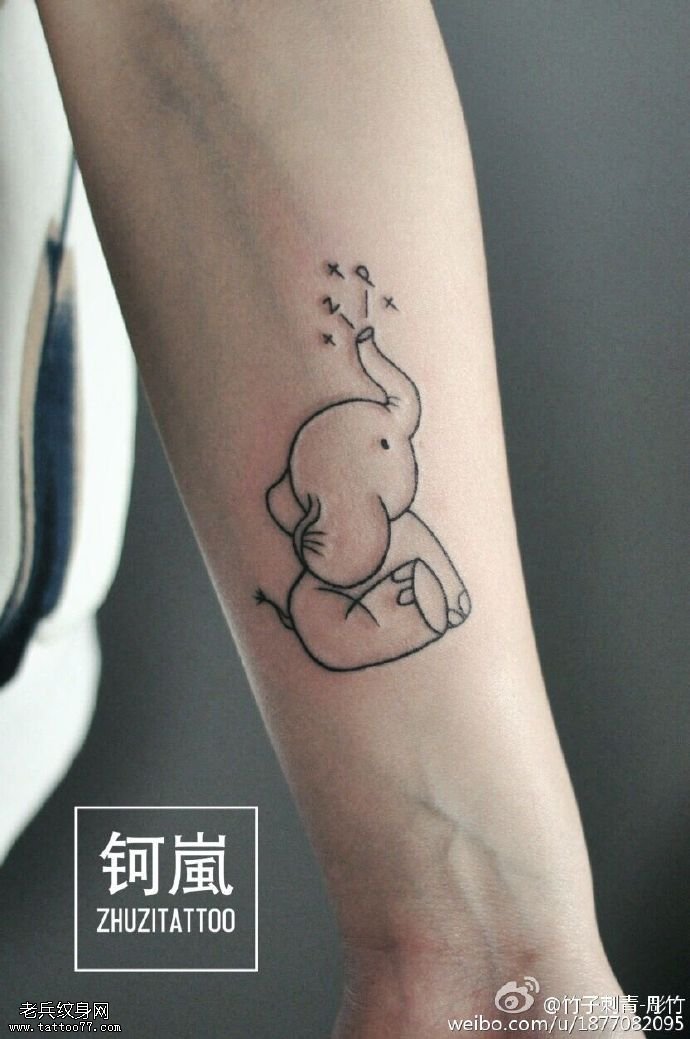 手语版线条小象纹身图案