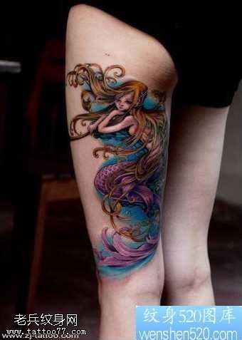 腿部美人鱼纹身图案