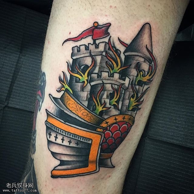 手臂一座小炮楼纹身图案