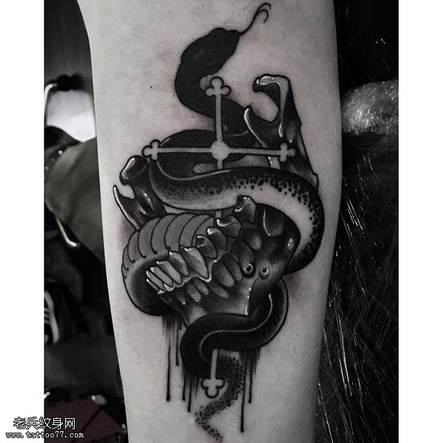 手臂黑灰一条蛇纹身图案