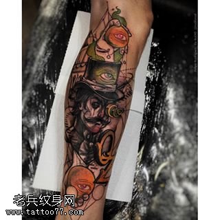 小腿线条水墨礼帽先生纹身图案