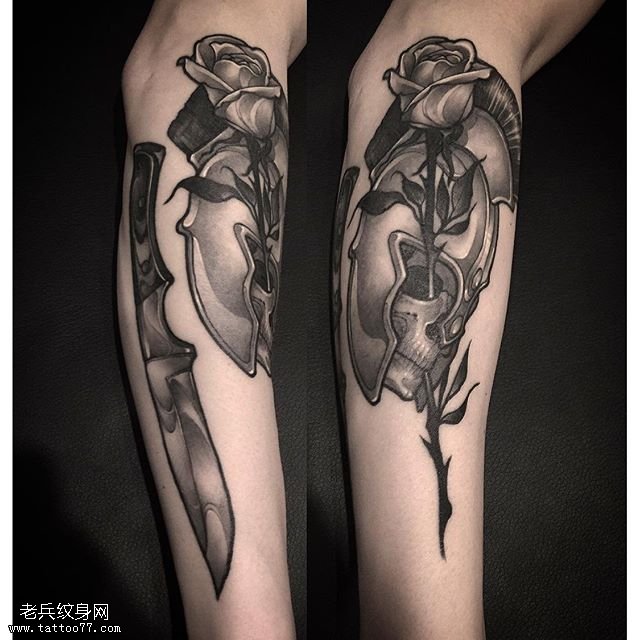 小臂盔甲玫瑰纹身图案