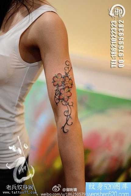手臂漂亮前卫的彩色樱花纹身图案