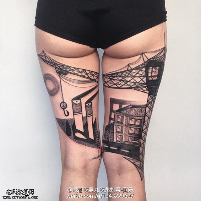 腿部几何风建筑物纹身图案