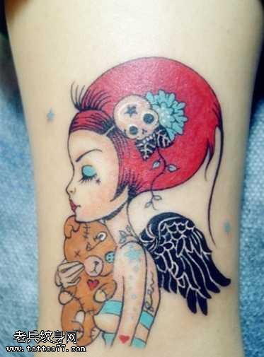 腿部卡通想肖像纹身图案