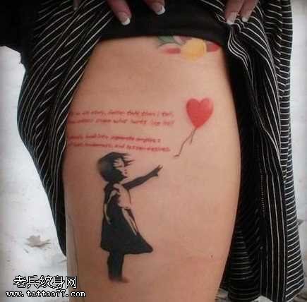 腿部小气球女孩纹身图案