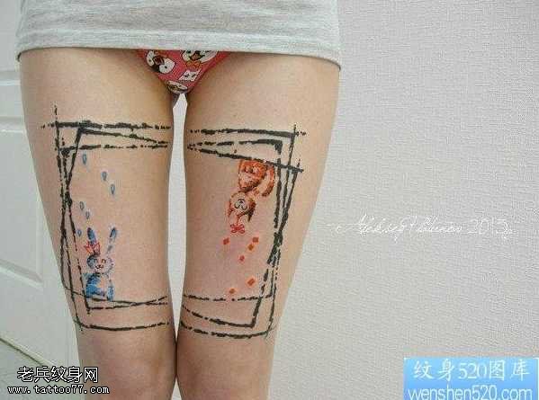 腿部可爱的小兔子纹身图案