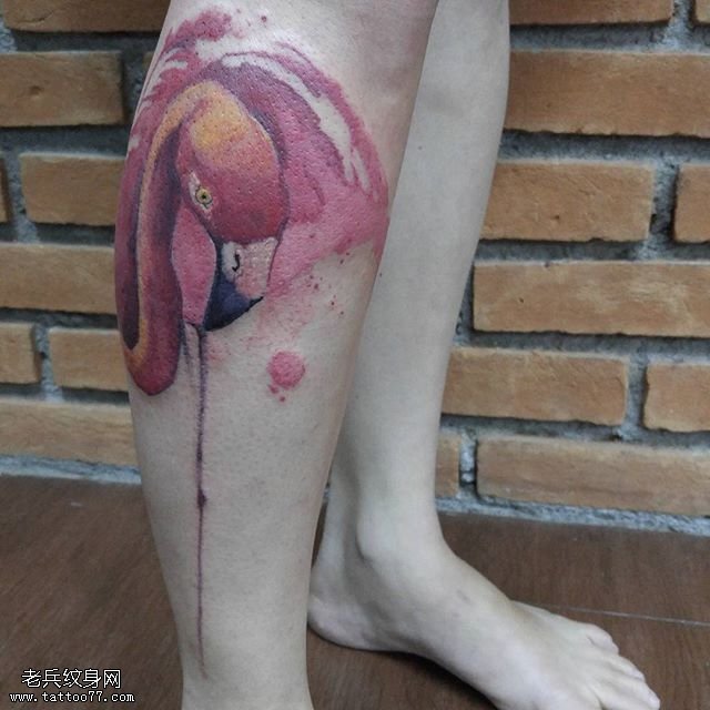 小腿彩绘的火烈鸟纹身图案