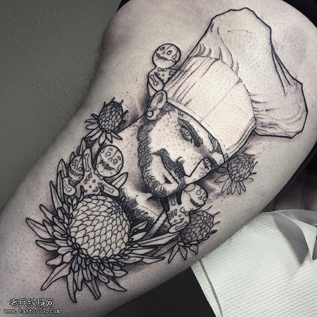 大腿点刺欧美厨师纹身图案