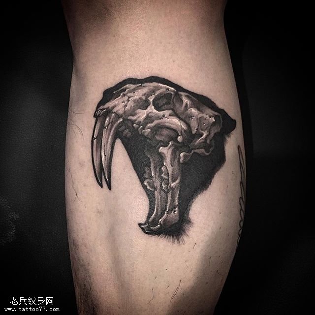 小腿肚上的牙骷髅纹身图案