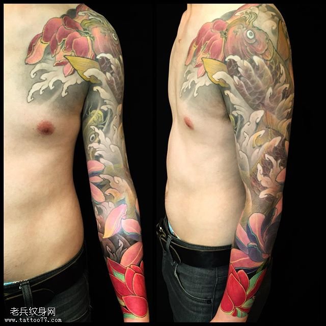 经典锦鲤黑灰花臂纹身图案