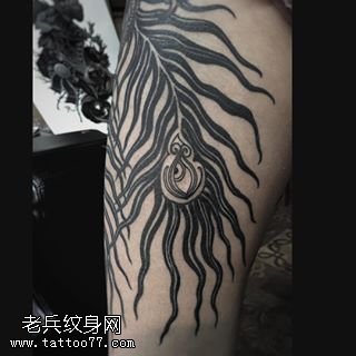 大腿上的孔雀毛纹身图案