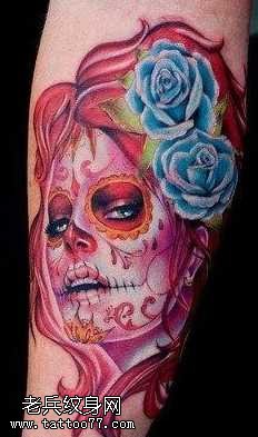 手臂彩色欧美美女玫瑰花纹身图案