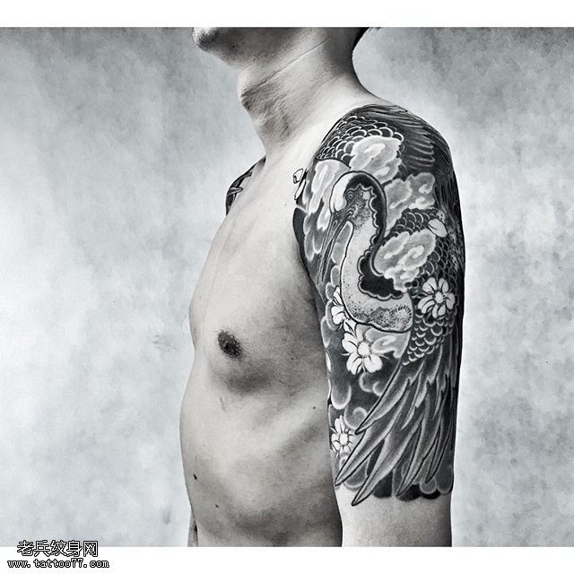 大臂经典仙鹤纹身图案