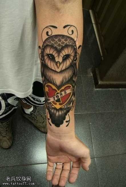 手臂呆呆的猫头鹰纹身图案