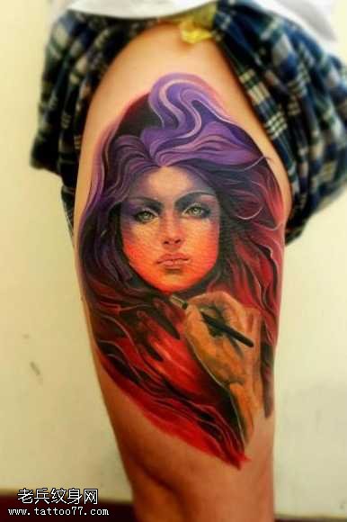 腿部美女头像纹身图案