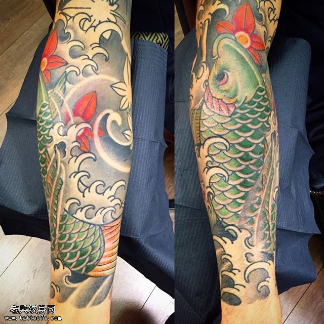 小臂彩绘锦鲤纹身图案