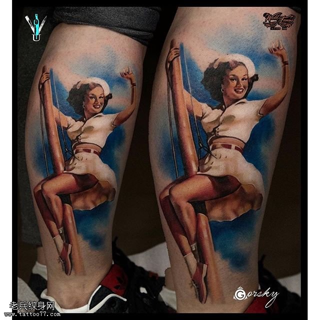小腿的钢管舞纹身图案