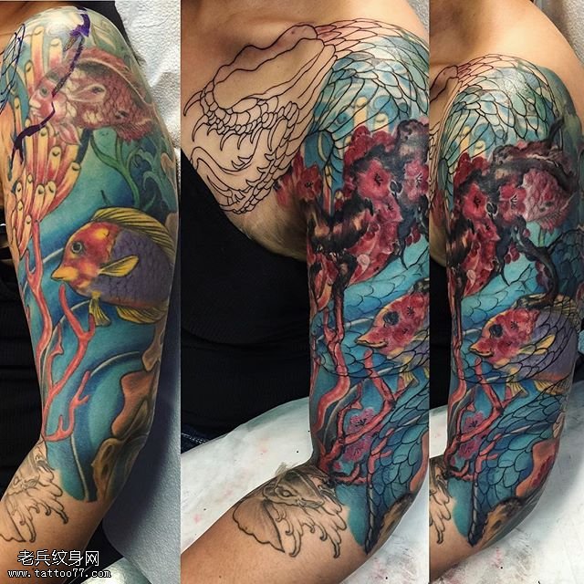 大臂彩绘海底世界纹身图案