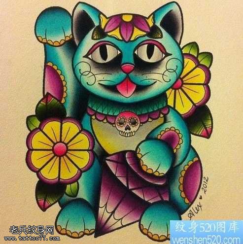 手稿彩色招财猫纹身图案