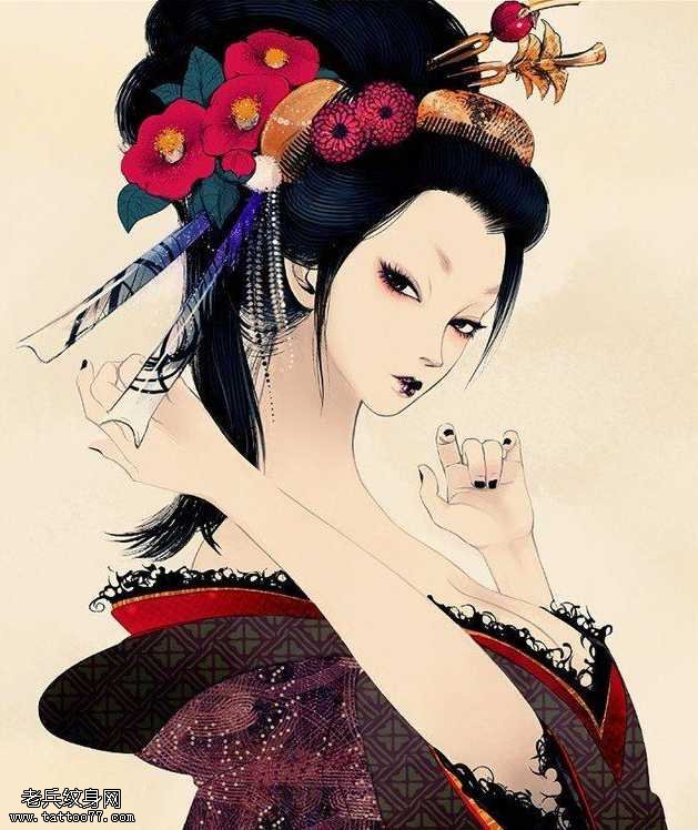 手稿美女艺妓纹身图案