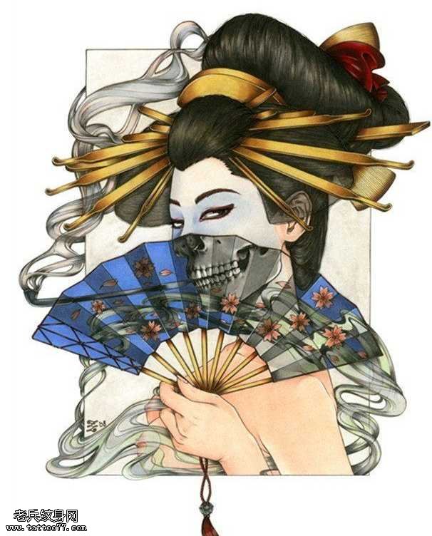 手稿艺妓化骷髅纹身图案