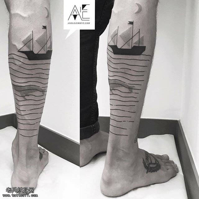 手臂简单的线条帆船纹身图案