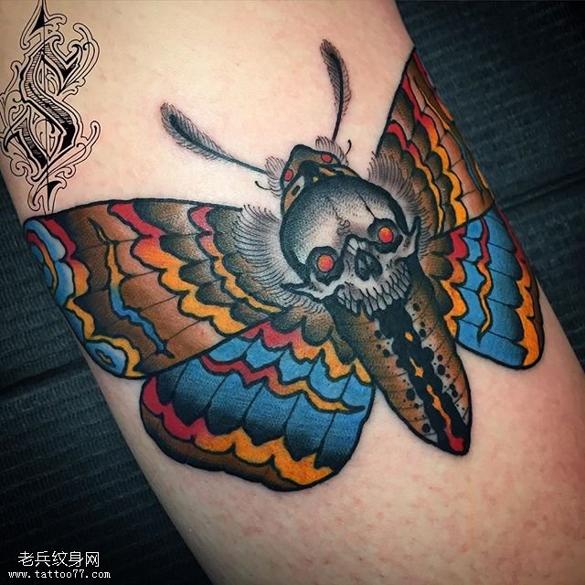 腿部彩绘飞蛾纹身图案