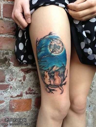 腿部可爱猫咪仰望星空纹身图案