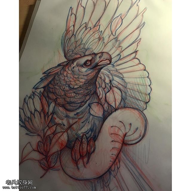 手稿经典素描鹰纹身图案