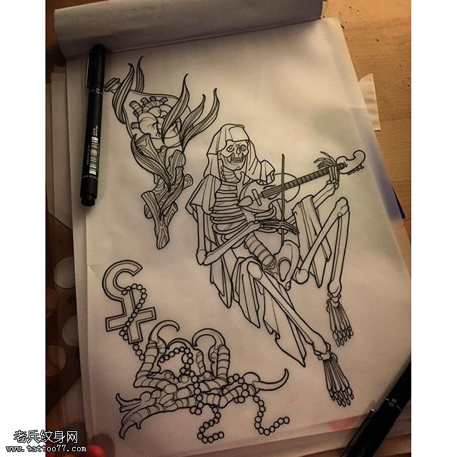 手稿线条骷髅弹琴纹身图案