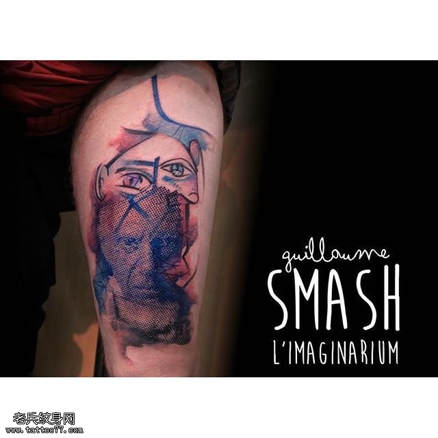 大腿水彩抽象肖像纹身图案