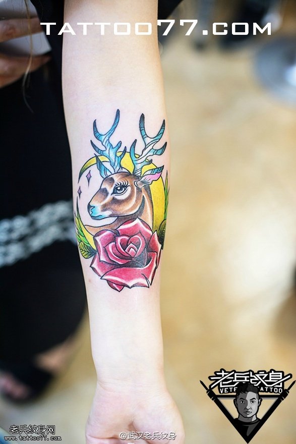 手部彩色玫瑰鹿纹身图案作品