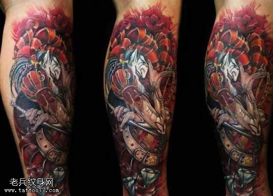 腿部日本鬼武士纹身图案