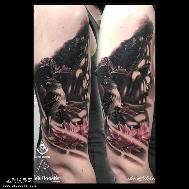 大臂经典鸟儿花卉纹身图案