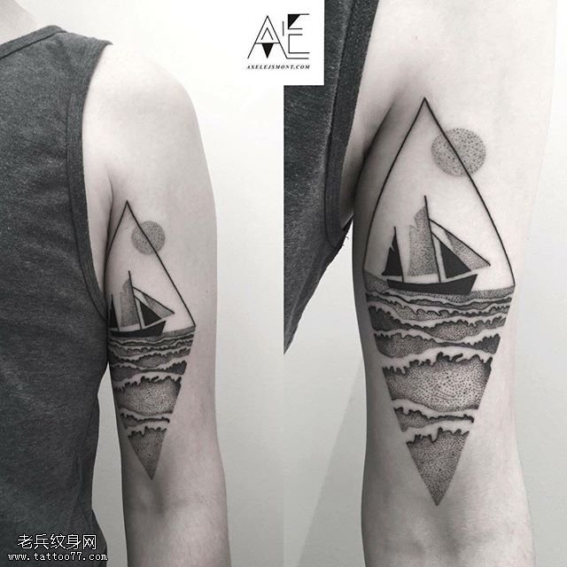 大臂点刺三角海浪帆船纹身图案