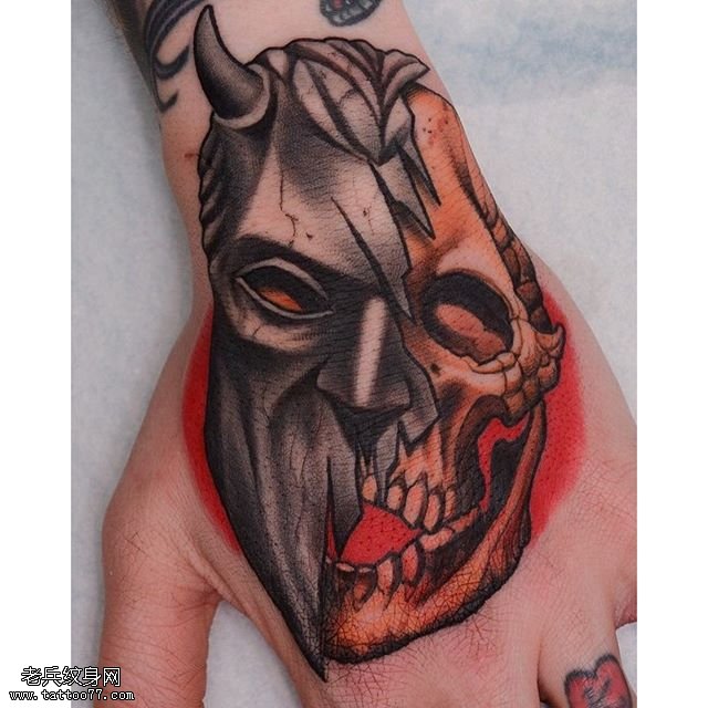 手背经典骷髅面具纹身图案