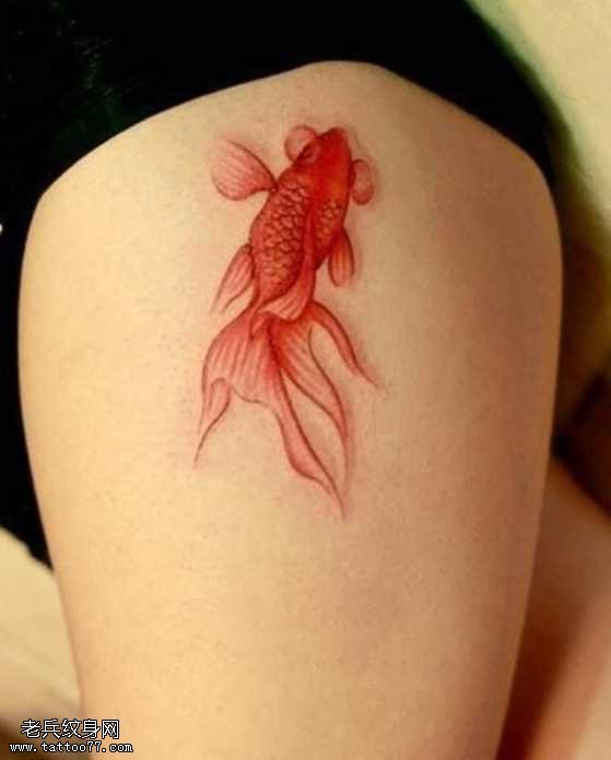 腿部一条红色金鱼纹身图案