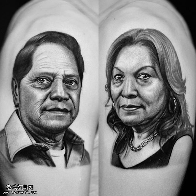 欧美风夫妻肖像纹身图案