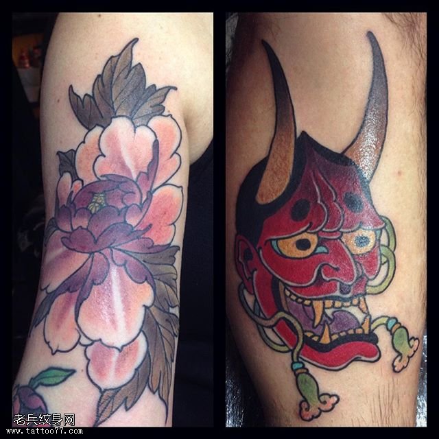 大臂牡丹面具纹身图案