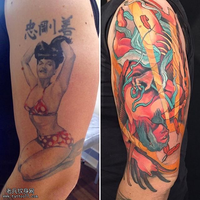 大臂遮盖旧纹身彩色图腾纹身图案