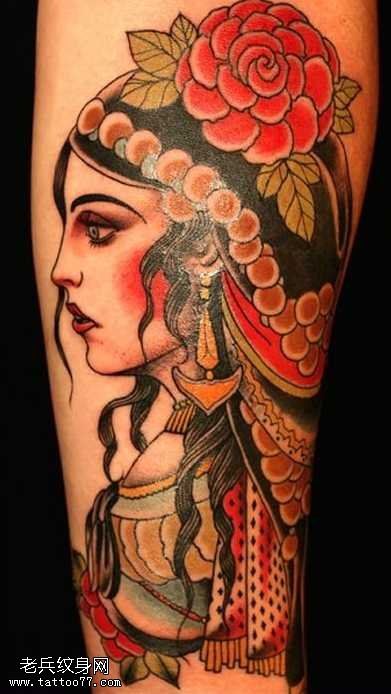 腿部一款school风格纹身图案