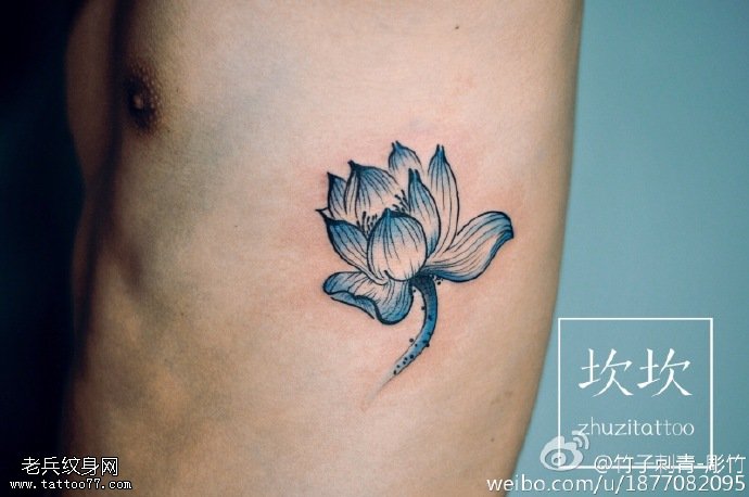 腹部的蓝莲花纹身图案