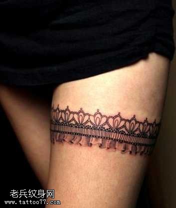 腿部小清新蕾丝花边纹身图案