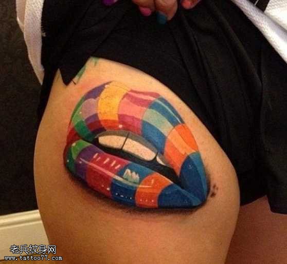 腿部糖果嘴纹身图案