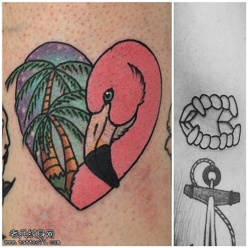 腿部心形火烈鸟纹身图案