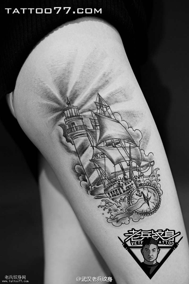 美女大腿帆船灯塔纹身图案作品