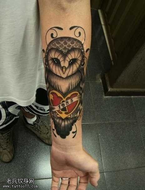 手臂呆呆的猫头鹰纹身图案