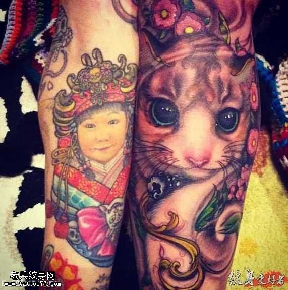 小孩与猫咪纹身图案